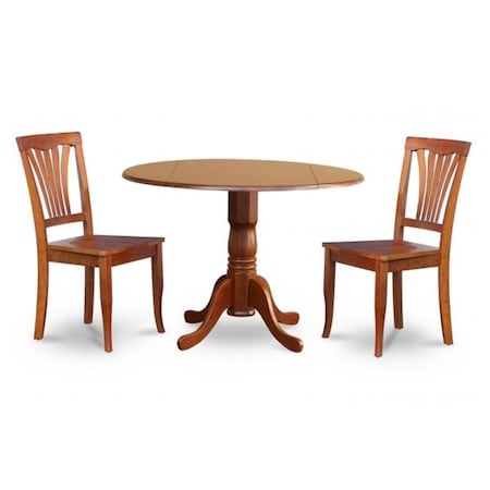 East West Furniture East West Furniture DLAV3-SBR-W 3PC Kitchen Round Table with 2 Drop Leaves and 2 Avon chairs with wood Seat DLAV3-SBR-W